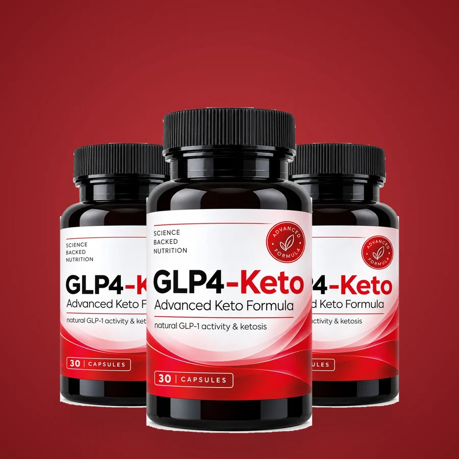 Trois flacons de GLP4-Keto alignés sur un fond rouge, soit trois mois de cure